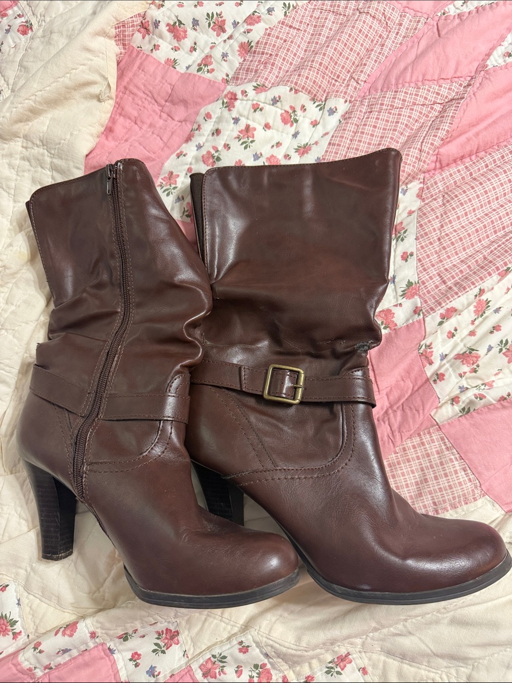 Women's Brown Mid-Calf Heeled Boots with Buckle Accent